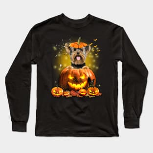 Yorkshire Terrier Spooky Halloween Pumpkin Dog Head Long Sleeve T-Shirt